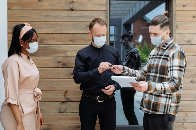 a couple of people that are standing in front of a building, masks, selling insurance, realistic », brown