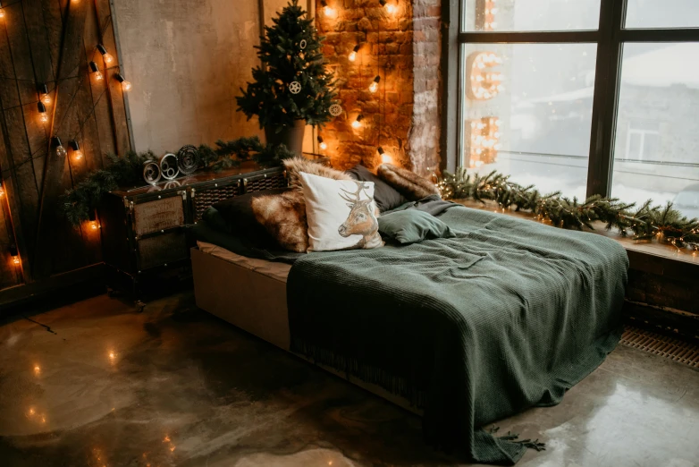 a bed sitting in a bedroom next to a window, inspired by Elsa Bleda, pexels contest winner, festive atmosphere, green accent lighting, old apartment, thumbnail