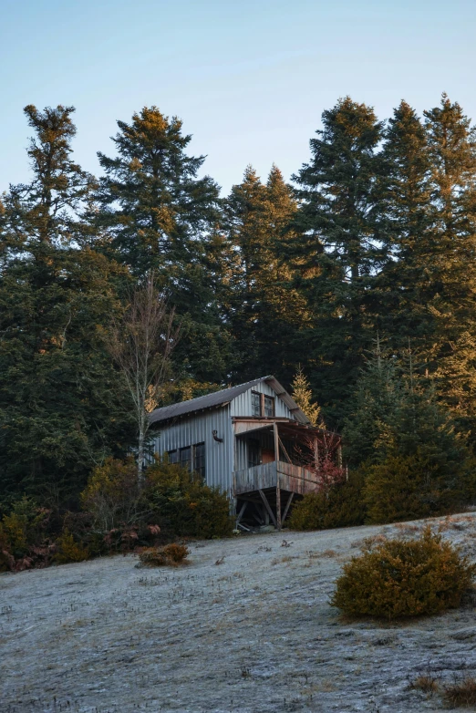 a house sitting on top of a snow covered hill, by Jessie Algie, unsplash, in a redwood forest, late summer evening, slide show, exterior view