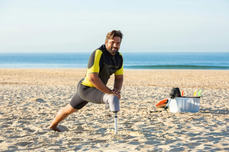 a man standing on top of a sandy beach, prosthetic, stretch, naturecore, white