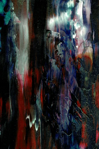 a painting of a group of people standing next to each other, an abstract painting, inspired by Richter, flickr, cascading iridescent waterfalls, dark blue and red, detail texture, sinister mood