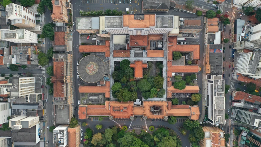 an aerial view of a city with lots of buildings, by Fernando Gerassi, square, exterior photo, brown, colonial