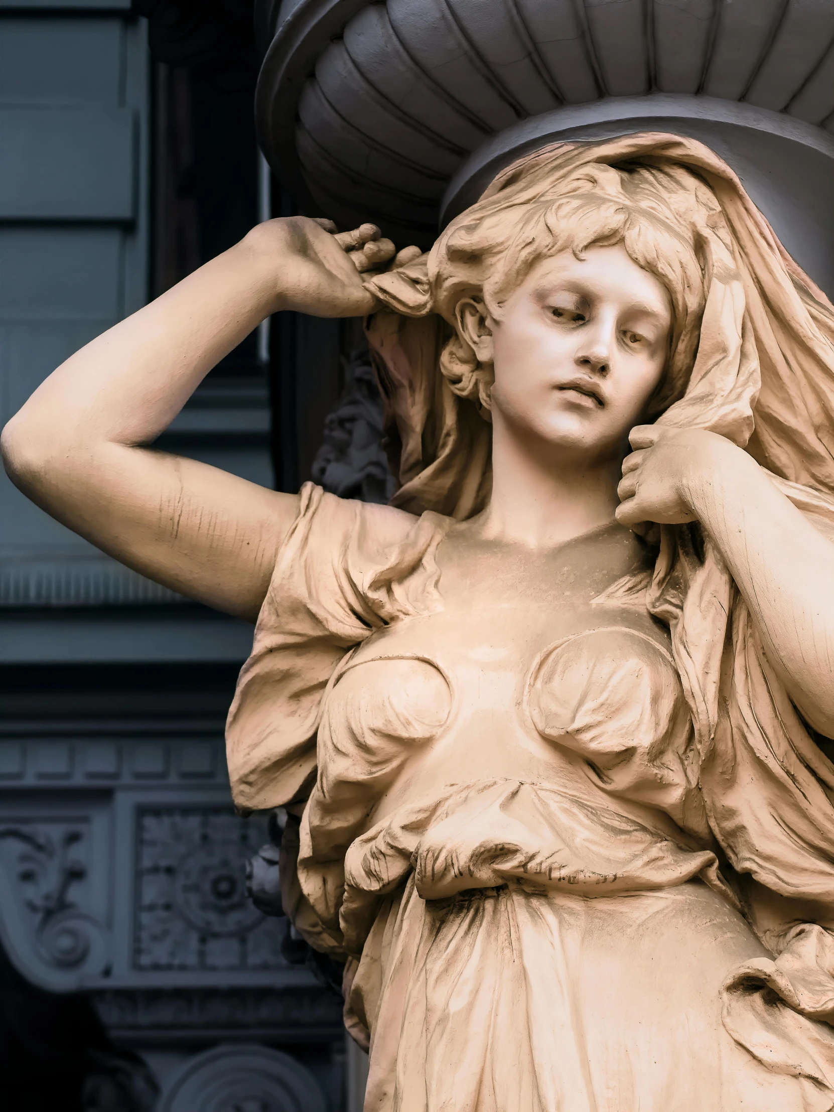 a close up of a statue of a woman, pexels contest winner, neoclassicism, part leyendecker style, wearing a dress made of water, 1 8 8 0 s style, album cover