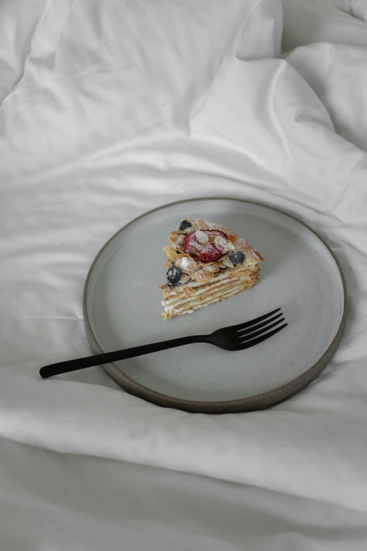 a plate with a piece of cake on it, unsplash, renaissance, grey, bed, pancake flat head, smoked layered