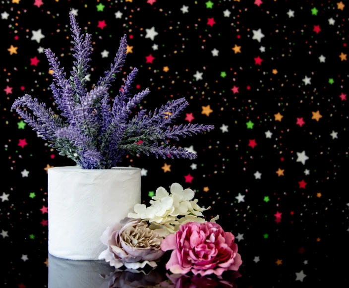 a vase filled with flowers sitting on top of a table, by Lucia Peka, pixabay contest winner, stars background, black purple studio background, background image, flower pots