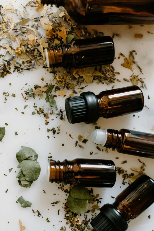 a table topped with bottles filled with different types of essential oils, trending on pexels, process art, dried leaves, thumbnail, sleepy, profile image