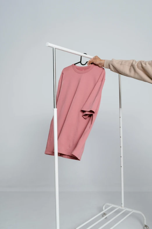 a man holding a pink shirt on a clothes rack, unsplash, realism, detailed product image, full body picture, holding a thick staff, multiple stories