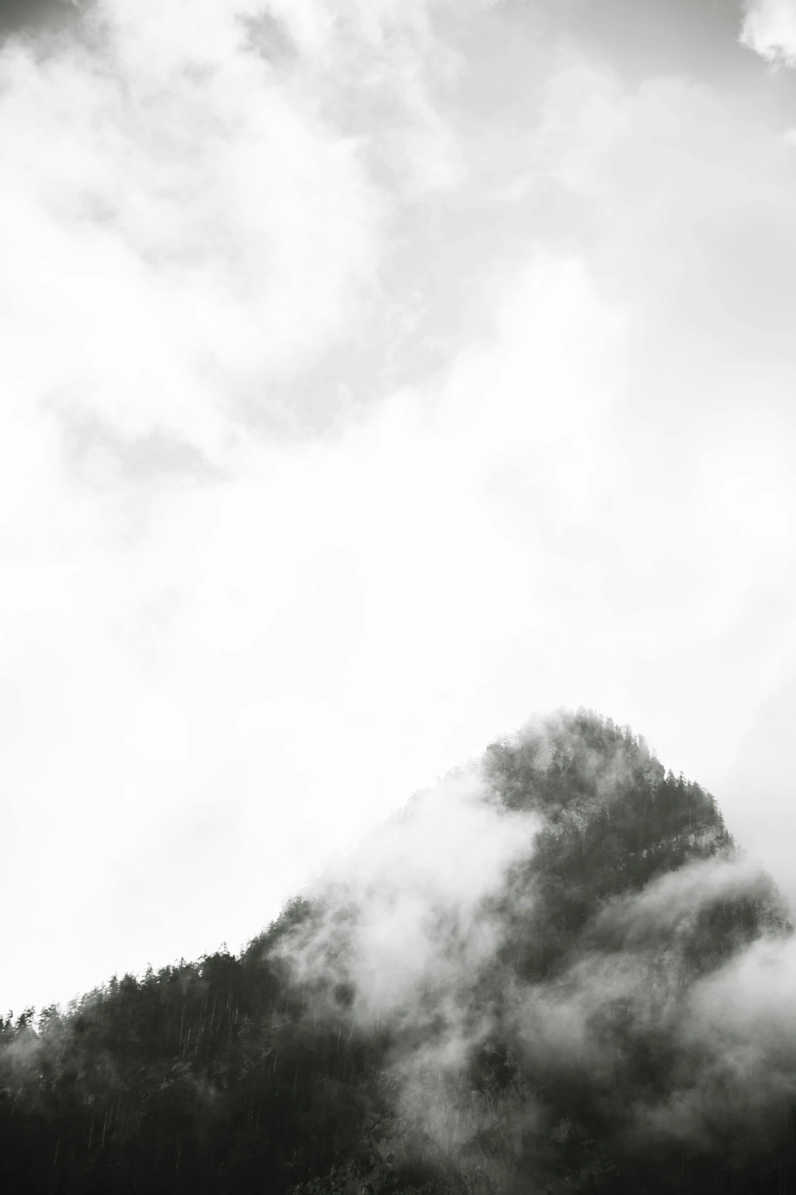 a black and white photo of a mountain covered in clouds, unsplash, cascadia, made of mist, grainy photo