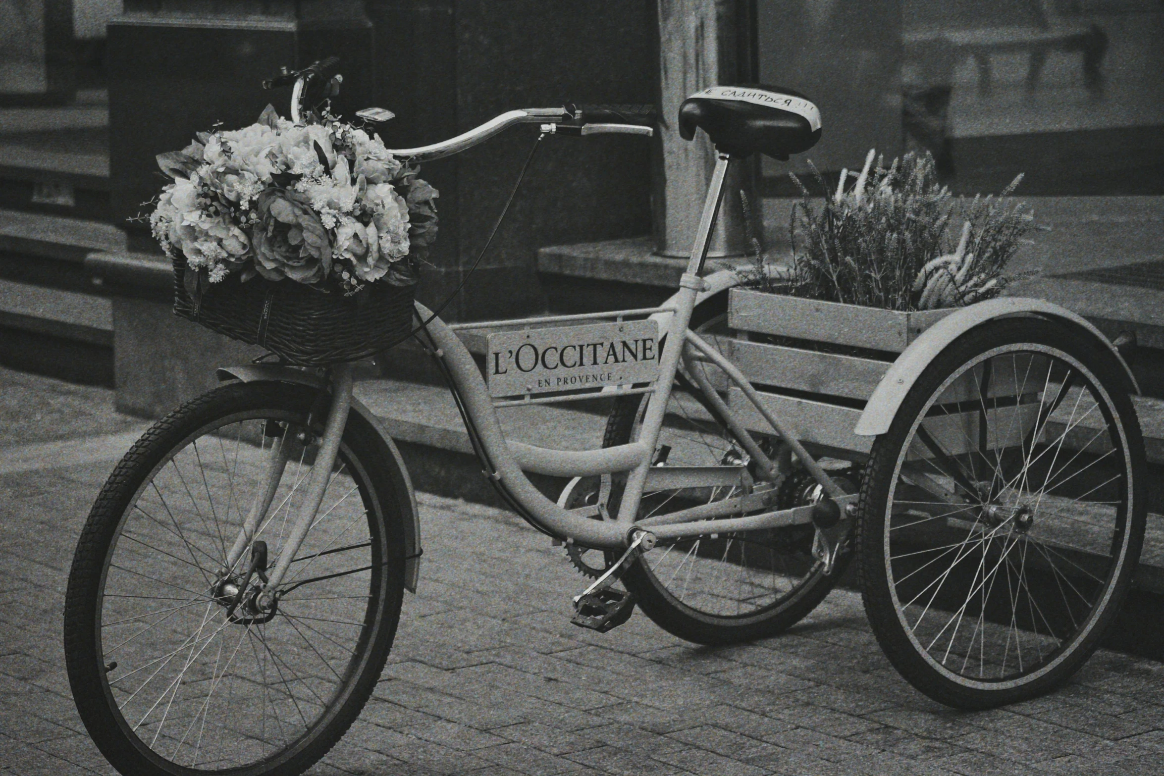 a black and white photo of a bicycle with flowers in the basket, by Adam Marczyński, pexels contest winner, apothecary, advert, 1996), ukrainian