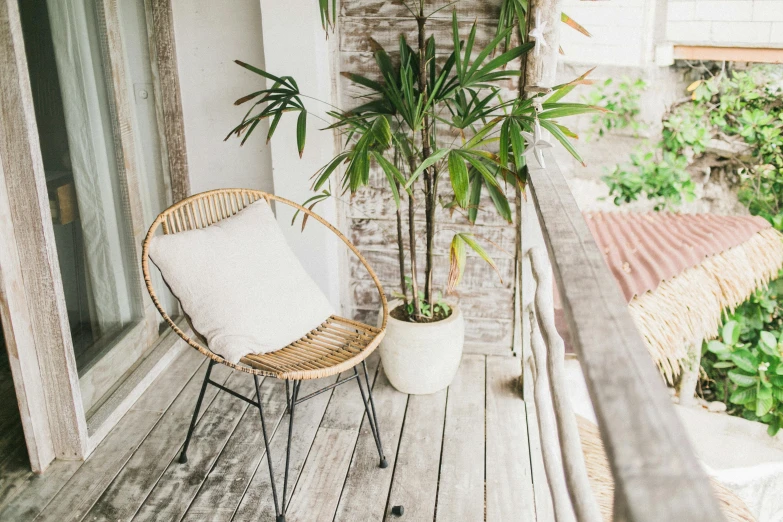 a chair sitting on a porch next to a potted plant, pexels contest winner, modern earthy neutral earthy, with interior potted palm trees, balcony, bamboo wood