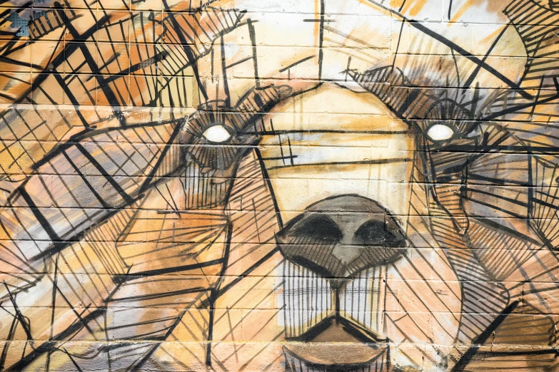 a painting of a bear on the side of a building, a cubist painting, by Andrée Ruellan, pexels contest winner, street art, eyes in the bark, thin line work, dog head, lines and movement