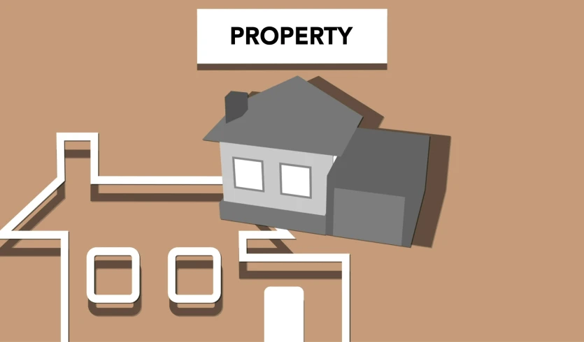 a house with the words property on it, polycount, wikihow illustration, background image, brown, subdivision