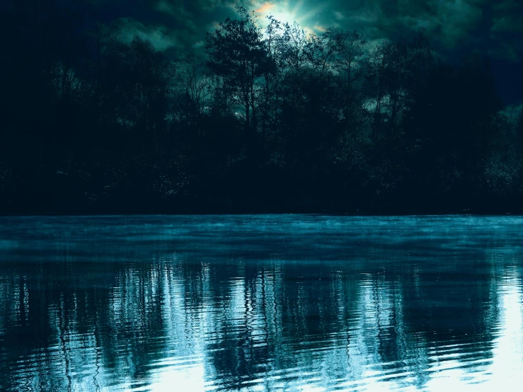 a large body of water with trees in the background, an album cover, inspired by Elsa Bleda, pexels contest winner, eerie moonlight, hd wallpaper, flooding, blue