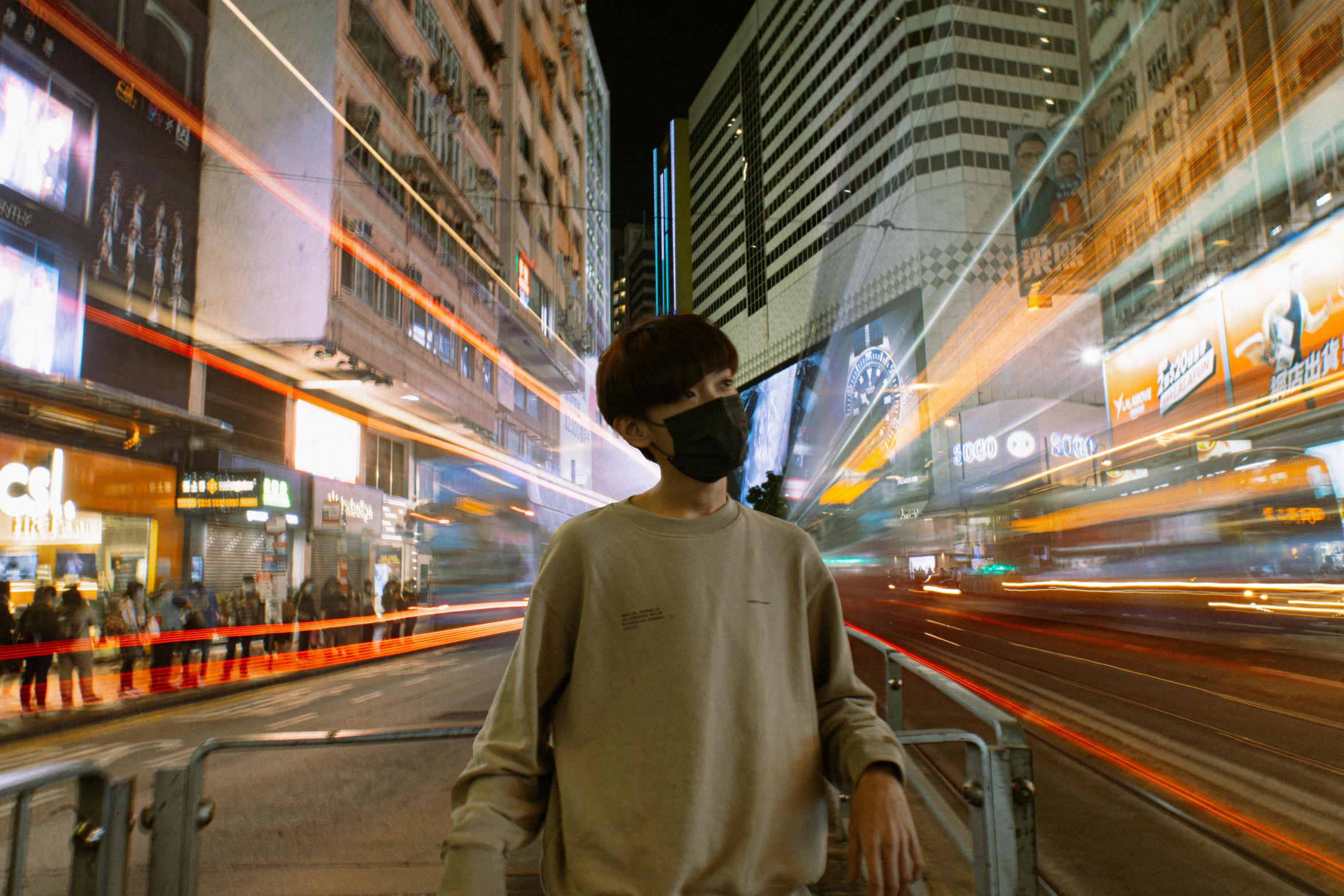 a man standing on a city street at night, inspired by Liam Wong, pexels contest winner, hyperrealism, wearing facemask, avatar image, teenage boy, tourist photo