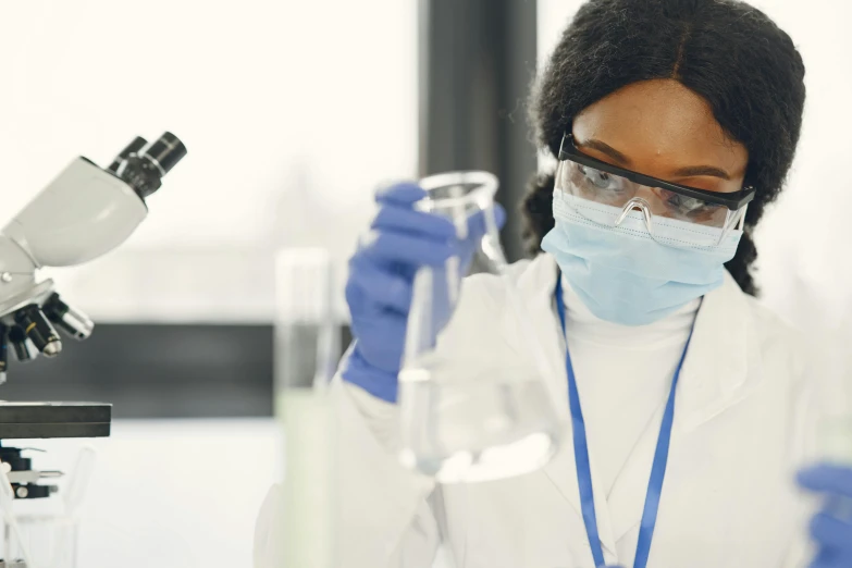 a woman in a lab coat using a microscope, beakers, imane anys, uhq, thumbnail