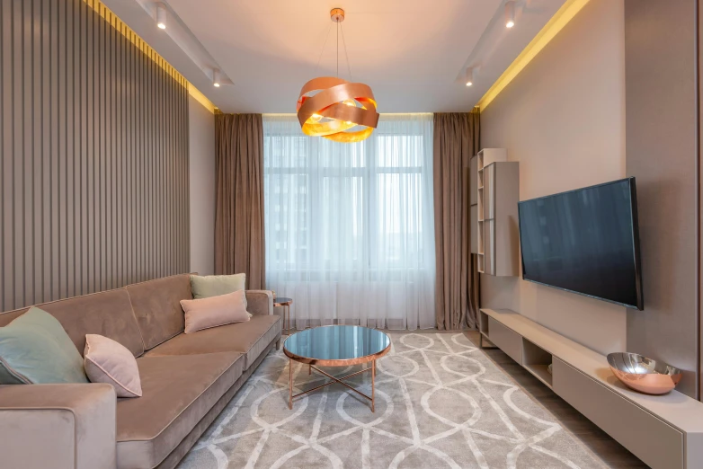 a living room filled with furniture and a flat screen tv, by Adam Marczyński, pexels contest winner, light and space, gold and luxury materials, taupe, simple ceiling, high detail 8k