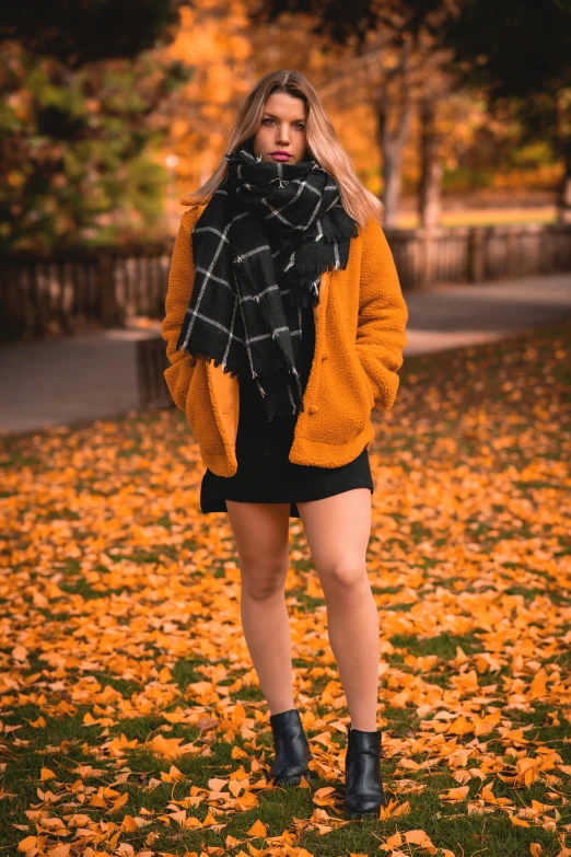 a woman standing in a field of leaves, pexels contest winner, black and orange coat, square, casual clothing, college