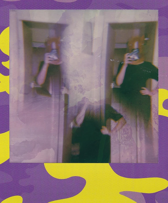 a woman taking a picture of herself in a mirror, a polaroid photo, inspired by Lasar Segall, yellow purple, glitchy, y 2 k aesthetic, alternate album cover