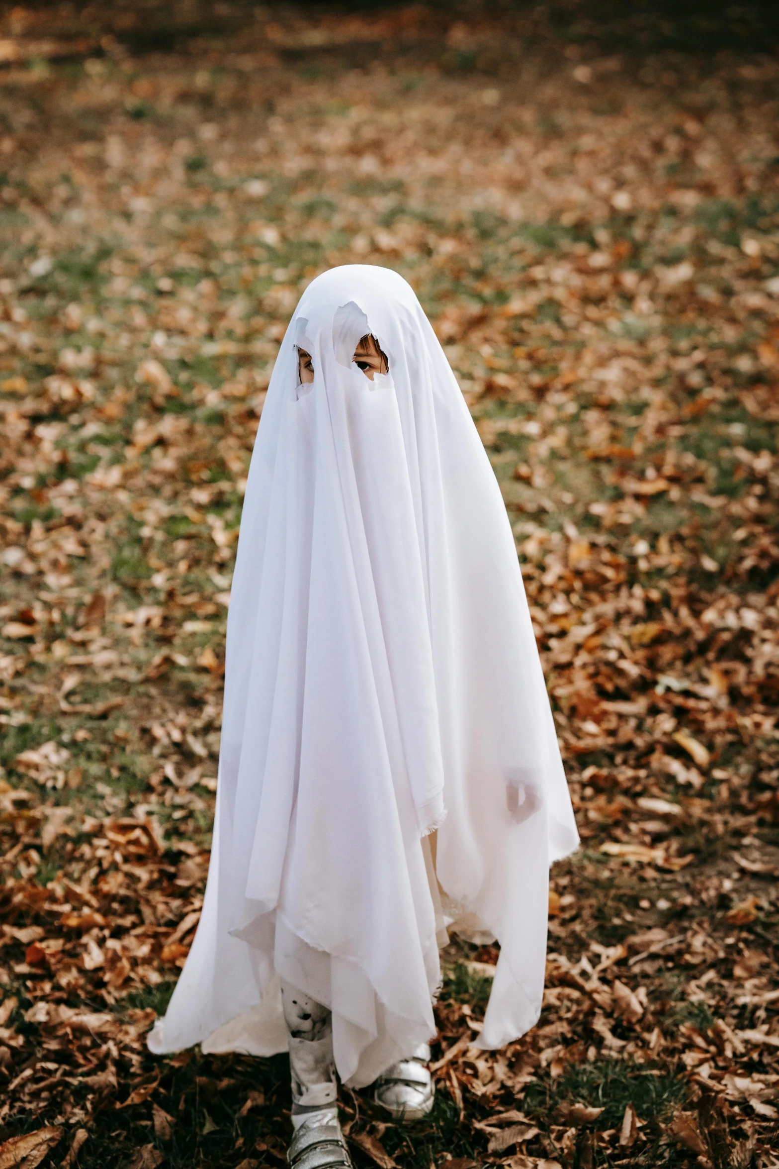 a person in a ghost costume standing in a field, white cloth, human staring blankly ahead, high school, head down