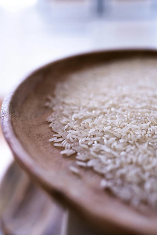 a wooden bowl filled with rice sitting on top of a table, a close-up, “organic, february)