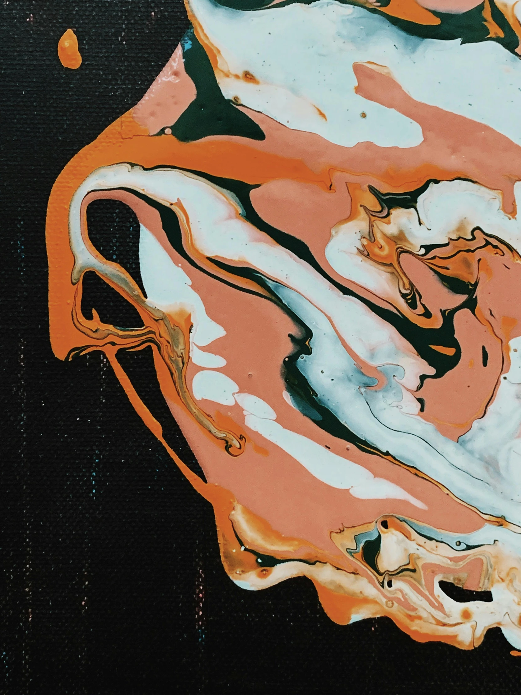 a close up of a painting on a black surface, by Mandy Jurgens, trending on unsplash, orange and white color scheme, marble skin, ( ( ( koi colors ) ) ), made of liquid metal and marble