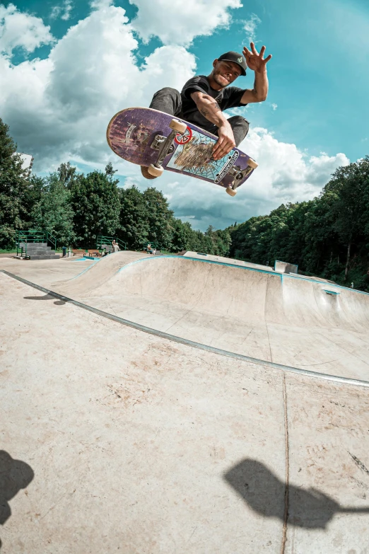 a man flying through the air while riding a skateboard, by Carey Morris, trip to legnica, slide show, panoramic shot, brown