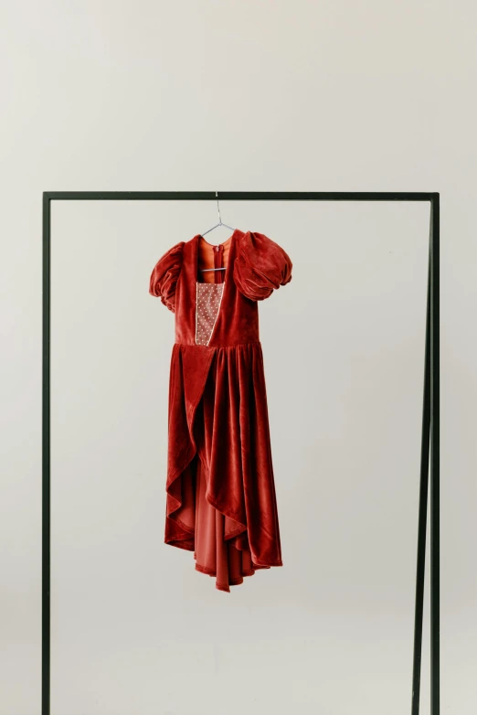 a red dress hanging on a clothes rack, unsplash, renaissance, set against a white background, dressed in velvet, off - white collection, wall