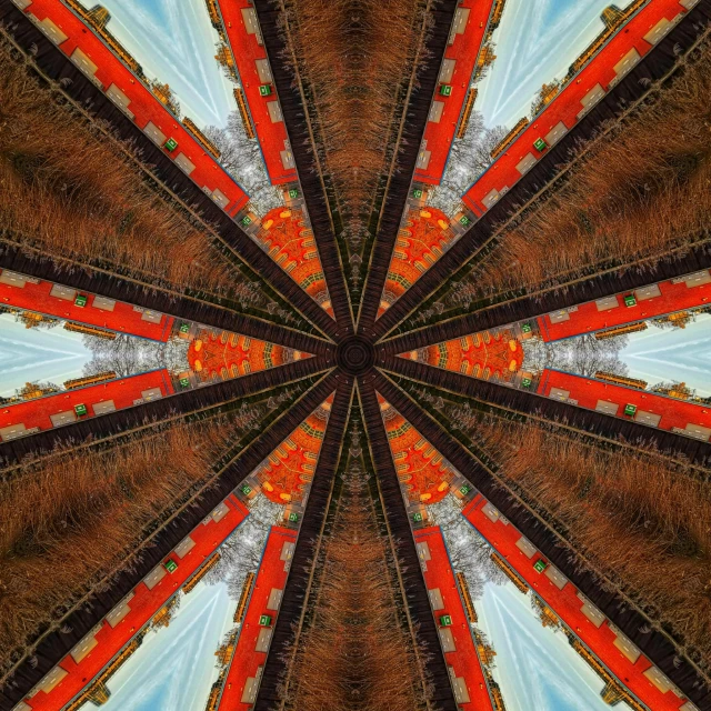 a picture of the inside of a stained glass window, a photo, inspired by Christo, symmetrical outpost, orange red black white, digital illustration radiating, kaleidoscope of machine guns