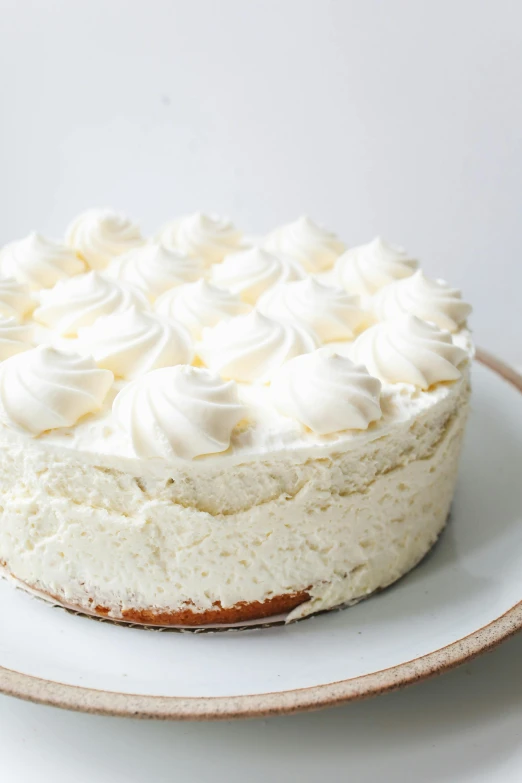 a close up of a cake on a plate, cloud-like white hair, textured base ; product photos, whipped cream on top, chiffon