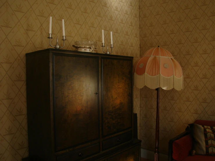 a living room filled with furniture and a lamp, polycount, art nouveau, standing with a parasol, soviet apartment, hammershøi, 1920s studio lighting