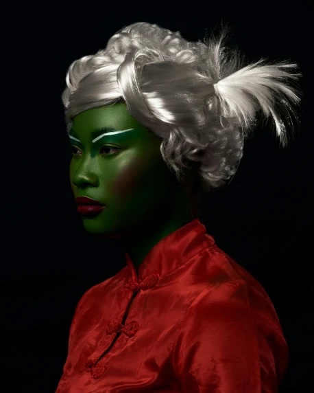 a close up of a person wearing a costume, an album cover, inspired by Gao Qipei, green skinned, albert watson, lgbtq, the grinch