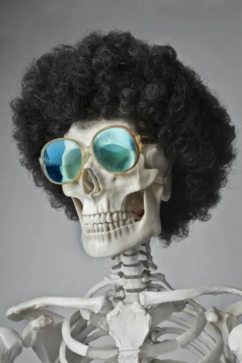 a skeleton wearing sunglasses and a wig, trending on pexels, with afro, photographic hyperrealism, fleshy skeletal, digital avedon