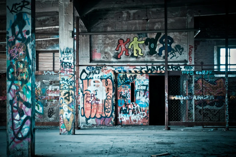 a room with lots of graffiti on the walls, pexels contest winner, abandoned night hangar, instagram post, boarded up, scene