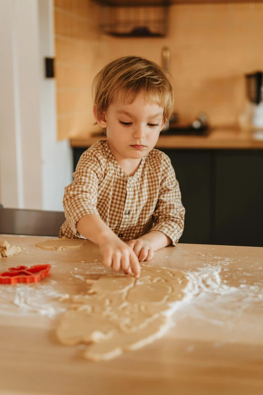 a little boy that is sitting at a table, pexels contest winner, process art, baking cookies, square, soft surfaces, unique design