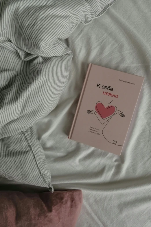 a book sitting on top of a bed next to a pillow, by Dóra Keresztes, beautiful code, cupid, kanamemo, helsinki