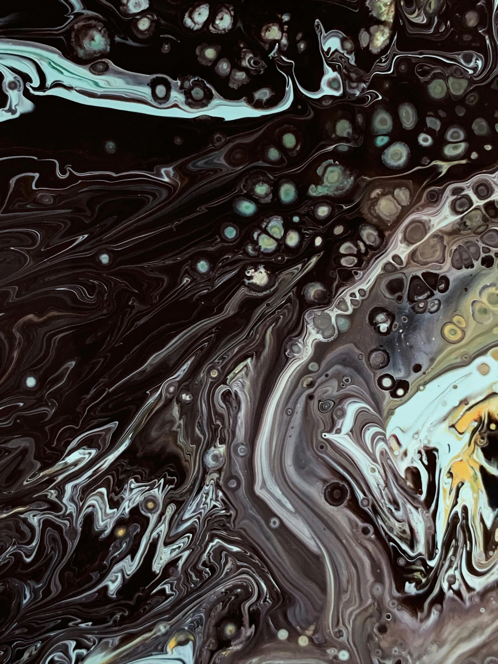 a close up of a painting of a person on a surfboard, inspired by Pollock, trending on pexels, abstract art, ferrofluid oceans, dark chocolate painting, digital art - n 9, swirling silver fish