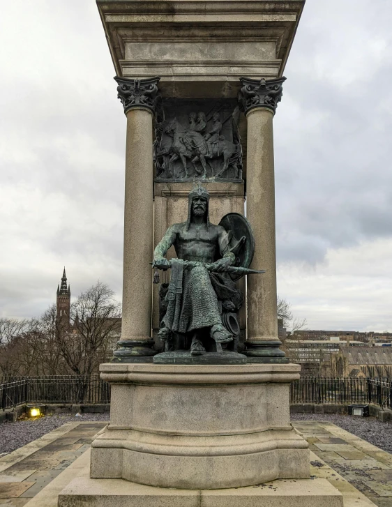 a statue of a man sitting on top of a pedestal, a statue, inspired by Mór Than, regal and proud robust woman, wearing a kilt, with lots of details, surrounding the city