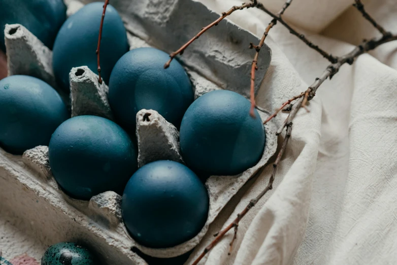 a carton filled with blue eggs sitting on top of a table, by Emma Andijewska, trending on unsplash, art nouveau, matte navy - blue bodysuit, black fir, festive, made of glazed