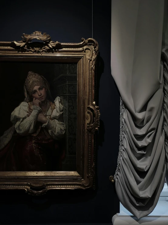 a painting hanging on a wall next to a curtain, inspired by Jan Lievens, unsplash contest winner, classical realism, wearing a noblewoman's outfit, at a museum, cinematic chiaroscuro, seen through a window