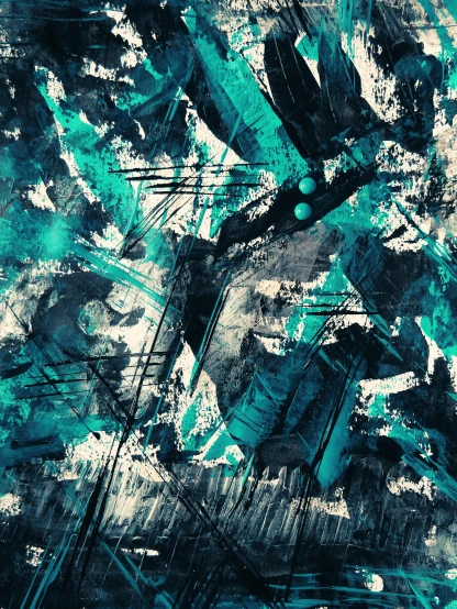 a close up of a painting on a wall, an abstract drawing, inspired by Otto Placht, trending on deviantart, abstract art, black and cyan color scheme, digital art - n 9, destructive, square