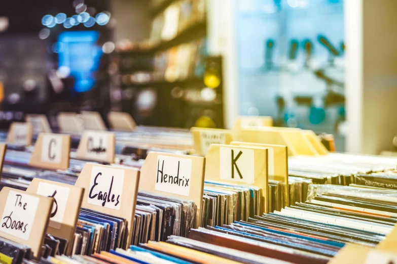 a bunch of records sitting on top of a table, trending on pexels, shelves filled with tomes, labels, brightly lit, in a row