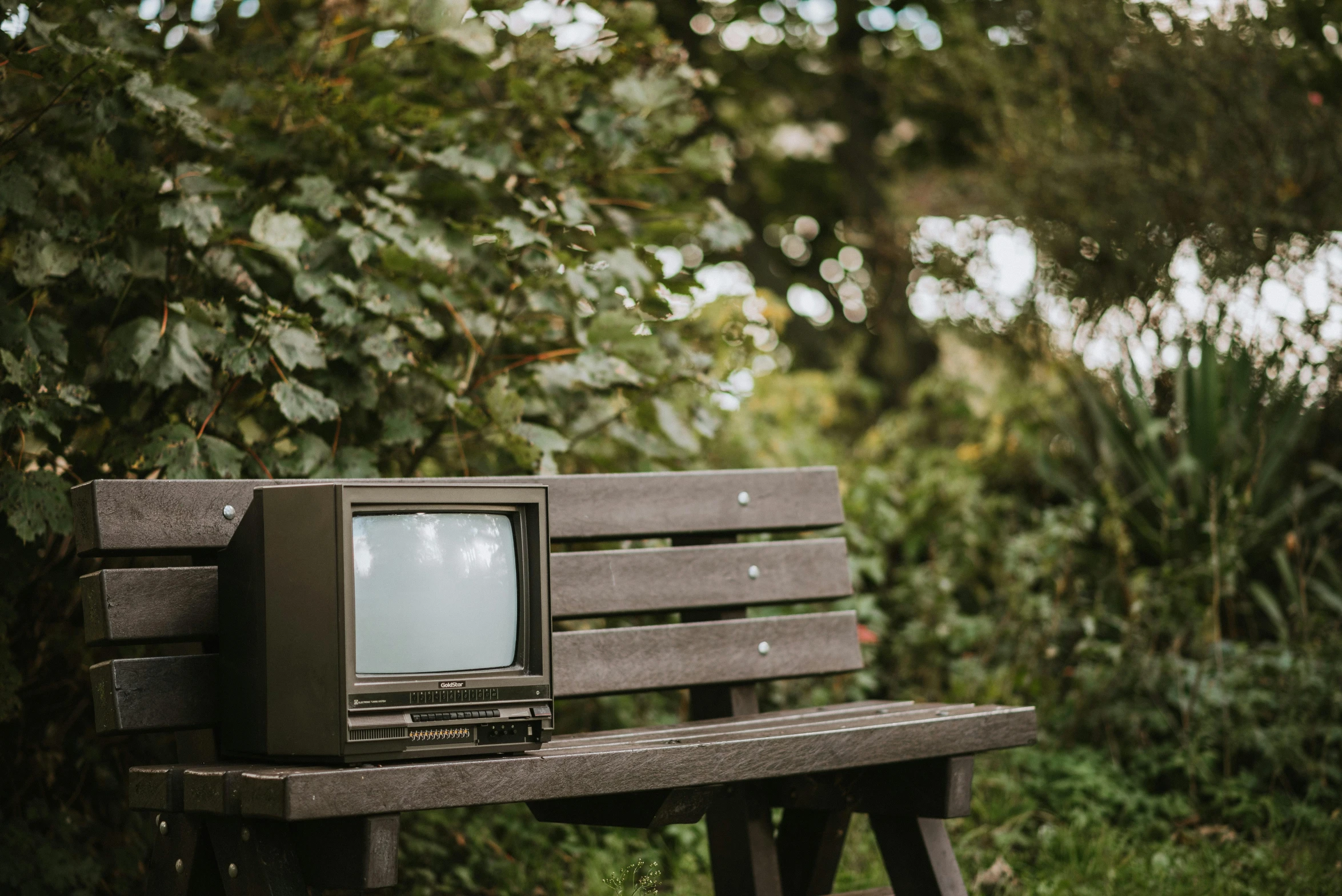 an old television sitting on top of a wooden bench, inspired by Anne Nasmyth, unsplash, sitting in the garden, cast, 1 9 8 0 s tech, 1 9 8 0 s photo