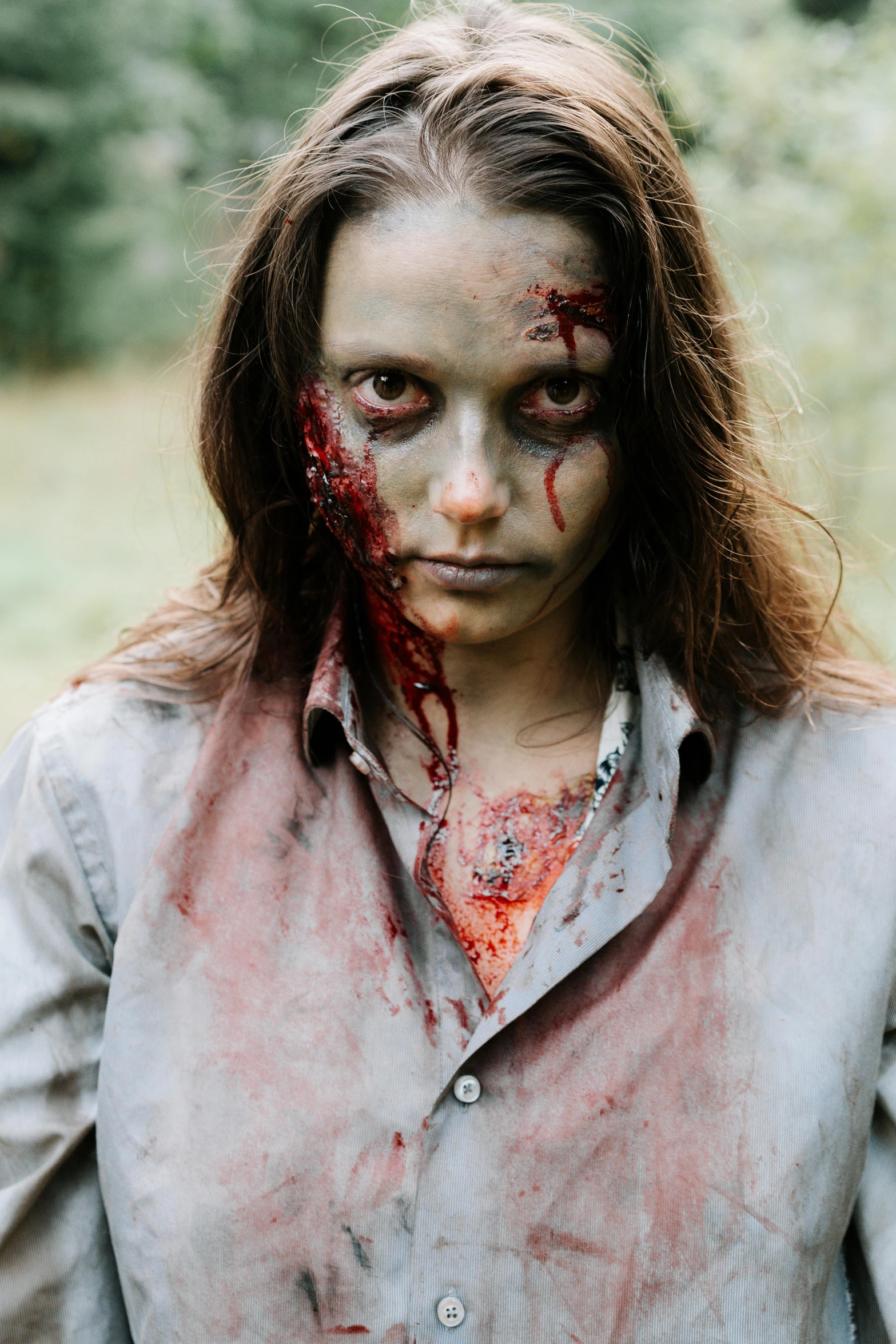 a woman with blood all over her face, inspired by Ada Hill Walker, pexels contest winner, dafne keen, undead ronald reagan zombie, summer glau, body and headshot
