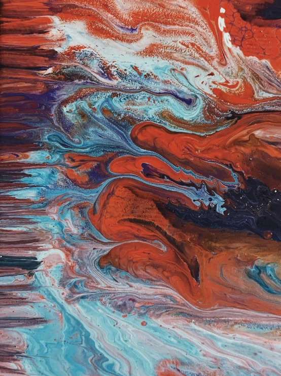 a close up of a painting of a wave, an abstract painting, reddit, red brown and blue color scheme, paint pour, abstract album cover, kimberly asstyn