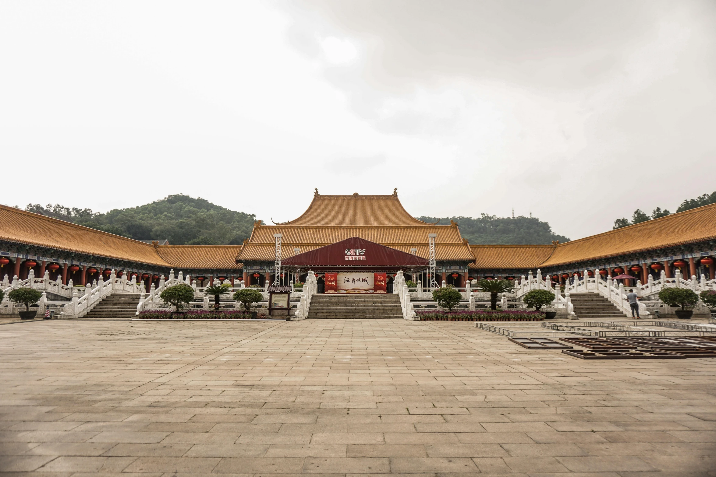 a building with a lot of stairs in front of it, inspired by Zhang Zongcang, pexels contest winner, square, shrines, wide long view, white