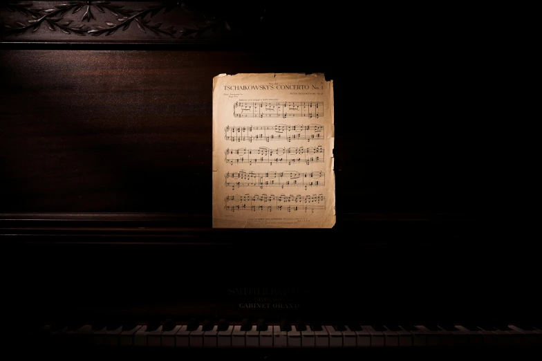 a sheet of music sitting on top of a piano, an album cover, pexels, romanticism, background image, rustic, in front of a black background, historic moment