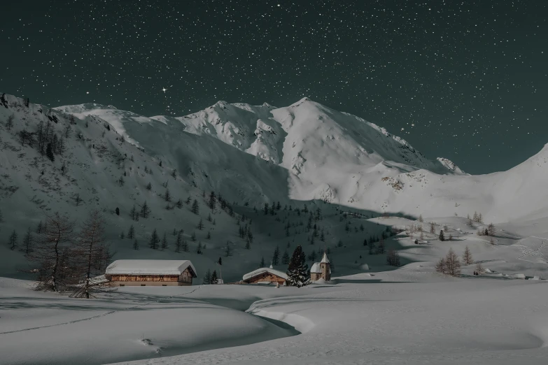 a snow covered mountain covered in lots of snow, by Kristian Zahrtmann, pexels contest winner, magical realism, nightime village background, ☁🌪🌙👩🏾, moonlight grey, photo for a magazine