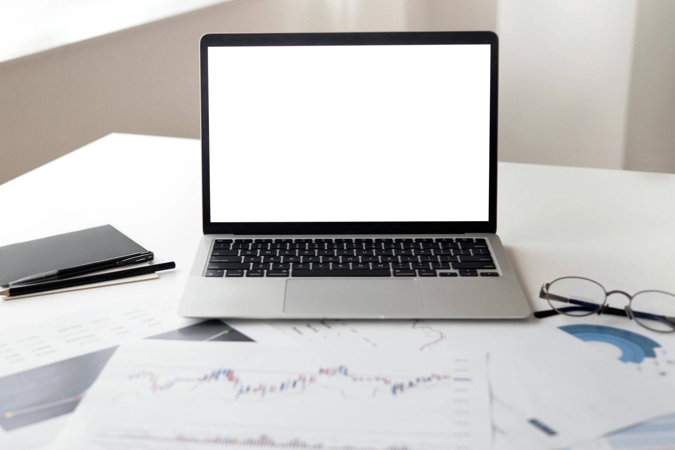 a laptop computer sitting on top of a desk, analytical art, square, white, trading, unblur