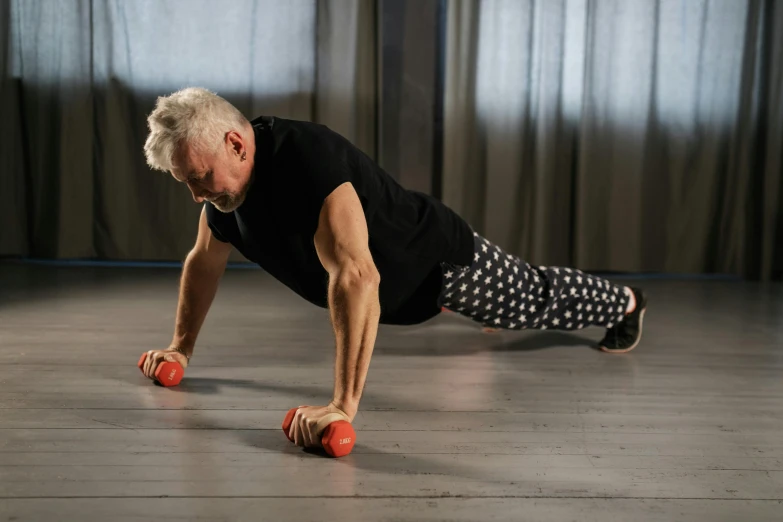 a man doing push ups on a wooden floor, inspired by Graham Forsythe, pexels contest winner, hyperrealism, carrying two barbells, older male, profile image, patterned