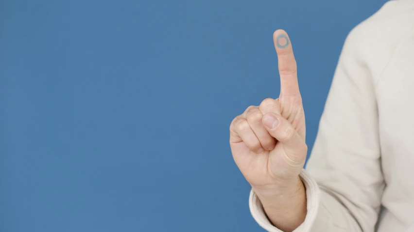 a close up of a person holding a finger up, only with blue, iv pole, very aesthetically pleasing, without text